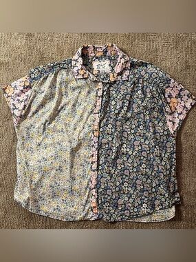 American Eagle Outfitters Mixed Floral Patchwork Button-Up - Navy, Pink, Cream